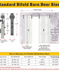 Space Saving Bi-Fold Barn Door Set With Slick Sliding Hardware Kit installation dimensions guide and sizing chart.