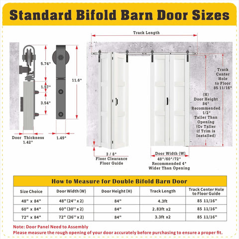 Space Saving Bi-Fold Barn Door Set With Slick Sliding Hardware Kit installation dimensions guide and sizing chart.