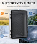 IP67 Waterproof Outdoor Junction Box With Hinged Cover And Cable Glands, Tough As Nails Heavy Duty ABS Electrical Enclosure With Rustproof 304 Stainless Steel Latches, Thick Rubber Seal, Weatherproof For Harsh Outdoor Use shown against sunny, rain, snow, and storm conditions
