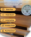 Heavy Duty Wood Drawer Wax And Premium Slide Lubricant That Gets Stubborn Cabinets Rolling Like Butter while displaying a can on wood drawers.