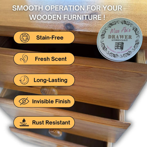 Heavy Duty Wood Drawer Wax And Premium Slide Lubricant That Gets Stubborn Cabinets Rolling Like Butter while displaying a can on wood drawers.