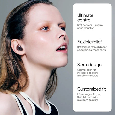 Person wearing Switch 2 Adjustable Ear Plugs With Three Noise Reduction Modes Quiet Engage Experience For Focus Travel Socializing Festival Vibes