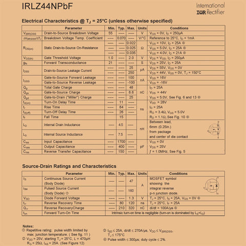 Beefy Logic Level MOSFET IRLZ44NPBF Pack Of 5 With 0.022 Ohm RDSon, 47A, 55V, TO-220, ESD Safe Packaging, Gate-Source Threshold 1.0V To 2.0V For Power Switching Projects datasheet page
