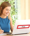 Woman using laptop with Double Sided Desk Nameplates And Bulletin Board Signs In Red And White Dots 3.5 x 12 inch