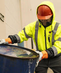Hi Vis Waterproof Heated Safety Bomber Jacket For Men With Reflective Tape, Class 3 Winter Rain Gear in use during work