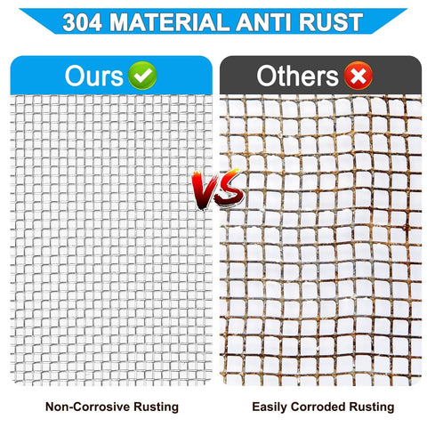 Comparison of 304 Stainless Steel Mesh Screen 11 X 24 Inches 8 Mesh Non Rusting vs corroded rusting mesh.