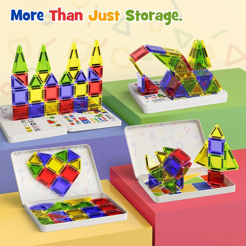 On The Go Magnetic Tiles For Kids 40Pcs STEM Building Blocks with metal travel box play base and colorful structures displayed.