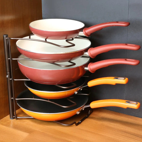 Keep Your Cookware On Deck With This Heavy Duty Pan Organizer Rack Bronze Finish Free Standing Lid Holder Metal Shelf For Cabinets Counters Effortless Setup with stacked pans.