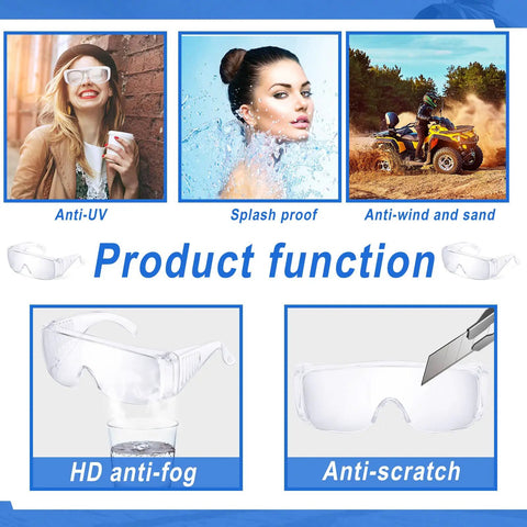 Bulk 50 Pairs Safety Glasses Over Eyeglasses Protective Goggles Anti Fog Scratch Resistant Clear Eye Protection For Men Women Great Value Bulk Pack For Work Lab Construction And DIY Projects, showing anti-UV, splash proof, and anti-scratch features.