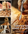 Heavy Duty Wood Carving Drill Bits Set With Rotary Tool Compatibility shows carved wooden figures and drill bit in use.