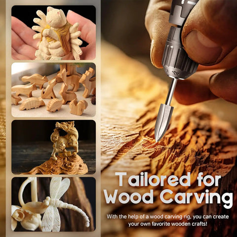 Heavy Duty Wood Carving Drill Bits Set With Rotary Tool Compatibility shows carved wooden figures and drill bit in use.