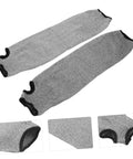 No Nonsense Cut Resistant Arm Sleeves 2 Pack PE Forearm Protectors For Welders Mechanics And Yard Crews Built Different With Snug Elastic Fit, gray sleeves on white background.