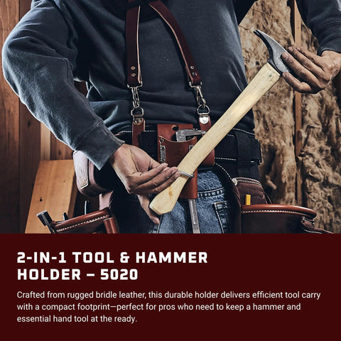 Man holding a hammer with a 2-In-1 Tool And Hammer Holder With Double Capacity For Your Belt Rugged Bridle Leather Construction.