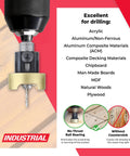 82 Degree Countersink Drill Bit With Adjustable Depth Stop And No Thrust Ball Bearing, Three Eighths Diameter By Three Thirty Seconds Drill Bit, One Quarter Inch Quick Release Hex Shank, Smooth Burn Free Countersinking For Acrylic And Aluminum, shown with materials it can drill.
