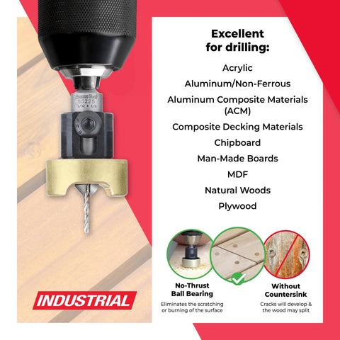 82 Degree Countersink Drill Bit With Adjustable Depth Stop And No Thrust Ball Bearing, Three Eighths Diameter By Three Thirty Seconds Drill Bit, One Quarter Inch Quick Release Hex Shank, Smooth Burn Free Countersinking For Acrylic And Aluminum, shown with materials it can drill.