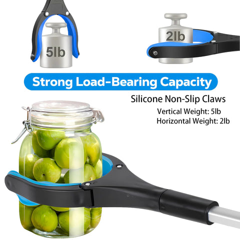 Blue 32-inch foldable grabber tool with silicone jaws gripping a glass jar of green apples