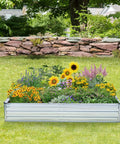 Two Pack Galvanized Raised Garden Bed Kit 6 By 3 By 1 Feet Metal Planter with flowers in a backyard setting, anti-rust