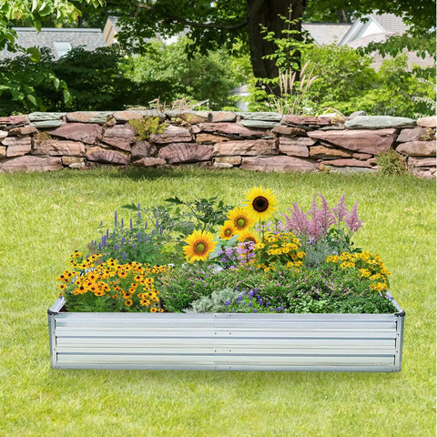 Two Pack Galvanized Raised Garden Bed Kit 6 By 3 By 1 Feet Metal Planter with flowers in a backyard setting, anti-rust