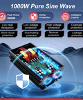 Plug And Play One Thousand Watt Dc To Ac Power Inverter Converts Battery Juice Into Smooth Pure Sine Wave Energy, detailed view with safety features.