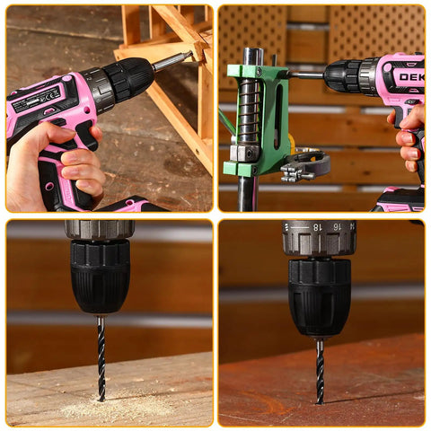 Pink Cordless Drill Kit With Battery And Charger, 20V Electric Power Drill For Women in use on wood and metal