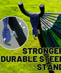 Heavy Duty Steel Stand Outdoor Hammock For Two People With 450 Lb Capacity Portable Beach Backyard Garden Patio, close-up of steel frame and hooks in blue hammock setup.