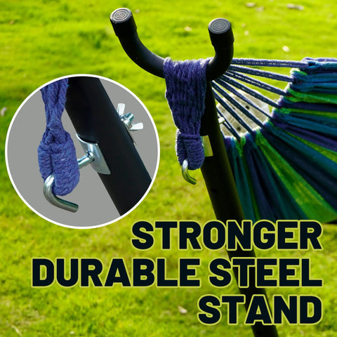Heavy Duty Steel Stand Outdoor Hammock For Two People With 450 Lb Capacity Portable Beach Backyard Garden Patio, close-up of steel frame and hooks in blue hammock setup.