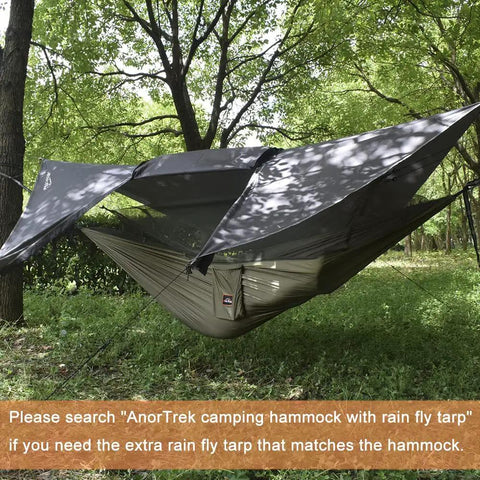 Lightweight Camping Hammock With Mosquito Net For Double Or Single Use, Parachute Nylon Comfort, under trees with rain fly tarp.