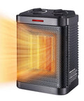 Tiny But Mighty 1500W PTC Ceramic Space Heater with Thermostat emitting warm air, showing controls on top and safety features.