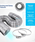 6 Inch By 25 Feet Aluminum Foil Dryer Duct With Built In Steel Wire Reinforcement Flexible Dryer Vent Hose Includes 2 Stainless Steel Clamps UL Listed