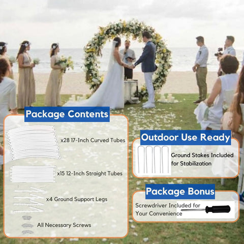 Sturdy Six Point Five Foot Round Metal Garden Arch For Indoor And Outdoor Parties And Decor With Ground Anchors And Easy Assembly Support Legs Rust Resistant Tubing And Included Screwdriver And Instructions For Quick Stable Setup at a beach wedding