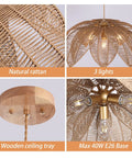 Handcrafted Rattan Chandelier With Three Bright Bulbs For Your Dining Room Or Kitchen Island showing natural rattan design and wooden ceiling tray.