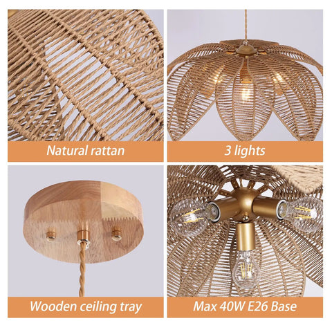 Handcrafted Rattan Chandelier With Three Bright Bulbs For Your Dining Room Or Kitchen Island showing natural rattan design and wooden ceiling tray.