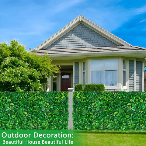 House with 12 Pack 20x20 Grass Wall Panels Set For Indoor Outdoor Decor UV Protected Artificial Hedge Backdrop Privacy Fence Screen Realistic 3D Greenery Wall With 5 Inch Leaves
