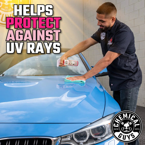 Speed Wipe Quick Detailer Spray For Cars, Instant Slick Mirror Shine Between Washes, Streak Free Formula Removes Dust Smudges And Fingerprints, High Gloss Finish In Seconds, 16 Oz applied to blue car hood
