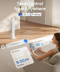 Person using phone to control Bladeless 36-Inch Tower Fan For Bedroom, Ultra Quiet 28 dB, 90 Degree Oscillation via WiFi