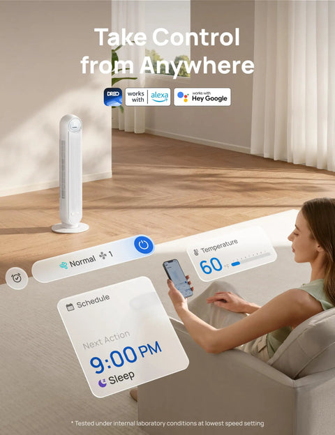 Person using phone to control Bladeless 36-Inch Tower Fan For Bedroom, Ultra Quiet 28 dB, 90 Degree Oscillation via WiFi