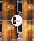 Boho Plug In Pendant Light With 15ft Golden Cotton Cord Handwoven Hemp Rope Lampshade Stepless Dimming Switch 360 Degree Lighting Cozy Warm Glow For Kitchen Hallway Living Room Bulb Included Two Swag Hooks Included showing dimming levels at 25%, 50%, 75%, and 100%