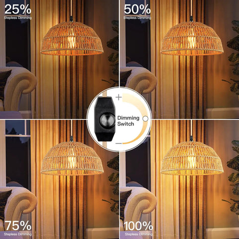 Boho Plug In Pendant Light With 15ft Golden Cotton Cord Handwoven Hemp Rope Lampshade Stepless Dimming Switch 360 Degree Lighting Cozy Warm Glow For Kitchen Hallway Living Room Bulb Included Two Swag Hooks Included showing dimming levels at 25%, 50%, 75%, and 100%