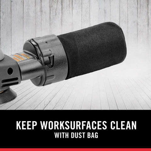 5-Inch Random Orbital Sander With Dual Plane Balance, Hundred Percent Ball Bearing Construction, dust bag attachment detail