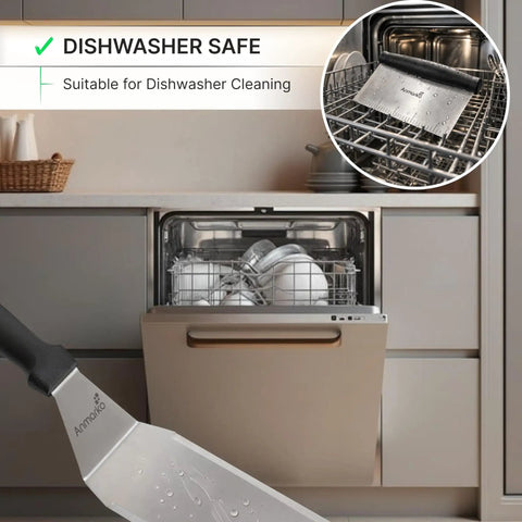 Stainless Steel Griddle Spatula Set of 3 With Scraper Heavy Duty Spatulas for Cast Iron Grill shown in dishwasher