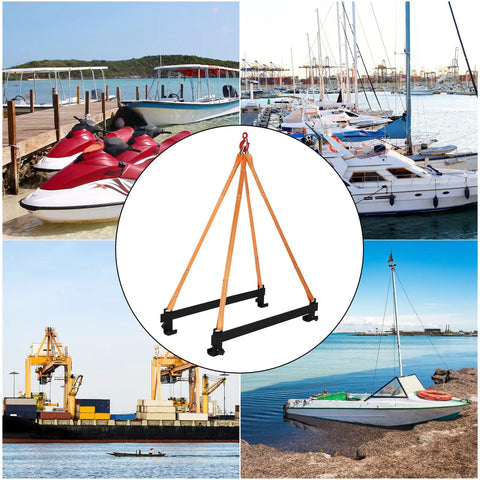 Heavy Duty Watercraft Lift Sling for Material Handling With Thickened Marine-Grade Polyester Strap And Reinforced Steel Bracket in marina setting.