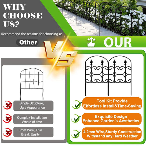 Comparison of Arch Shaped Decorative Garden Fence Set 24 Inch Tall Ten Pack Metal Border Panels Black No Dig Fence for Landscape Patio Yard Outdoor Garden Fencing Border 10.83 Feet Total highlighting design and durability advantages