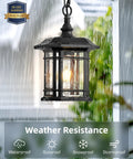Outdoor Pendant Lights For Porch Black Exterior Hanging Lanterns Waterproof Aluminum Farmhouse Ceiling Light Fixture With Tempered Seed Glass Chandelier For Gazebo in rain highlighting weatherproof feature