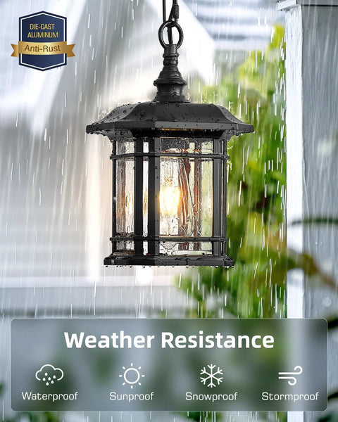 Outdoor Pendant Lights For Porch Black Exterior Hanging Lanterns Waterproof Aluminum Farmhouse Ceiling Light Fixture With Tempered Seed Glass Chandelier For Gazebo in rain highlighting weatherproof feature