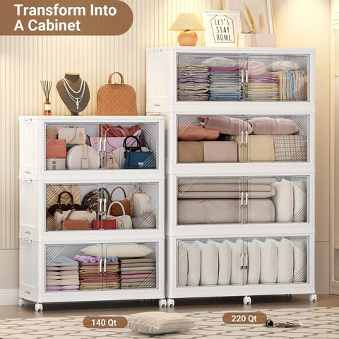 Heavy Duty Stackable Storage Bins With Snug Lids And Smooth Rolling Casters Plus Collapsible Plastic Wardrobe Organizer Sets For Roomy Closets And No Sweat Organization