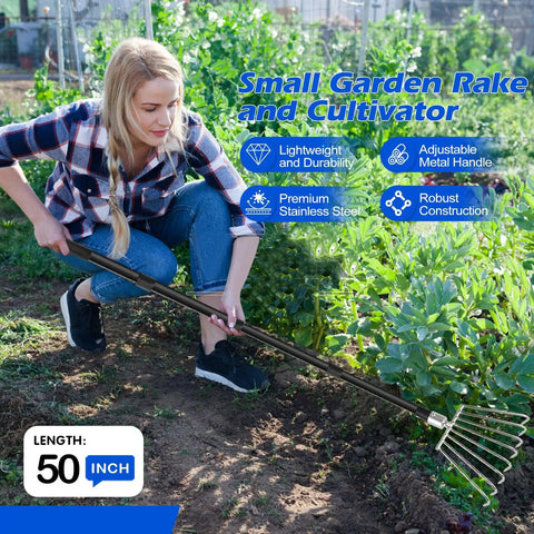 Leaf Rake With Eight Round Tine Design For Quick Lawn Cleanup Metal Garden Rake shown in use, 50-inch length, stainless steel.