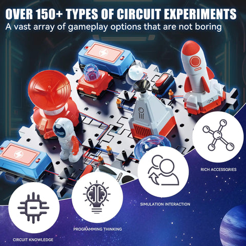 Colorful Kids Electronics Circuit Kit For Ages 6 And Up, 32 Piece Exploration Set With rocket and astronaut pieces