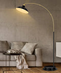 Arc Floor Lamp With Marble Base In Black Gold Finish, Industrial Tall Standing Lamp, 360 Rotatable Arm in a living room setting