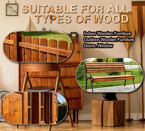 Premium Water Based Wood Stain In Deep Teak Hue For Indoor And Outdoor Patio Furniture on wooden furniture, doors, and benches.