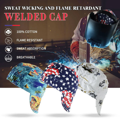 Three Pack 100 Percent Cotton Welding Cap For Men With Mesh Liner Sweat Wicking Breathable And Flame Resistant Welders Cap With Elastic Back Built For All Day Comfort on display with design variations.
